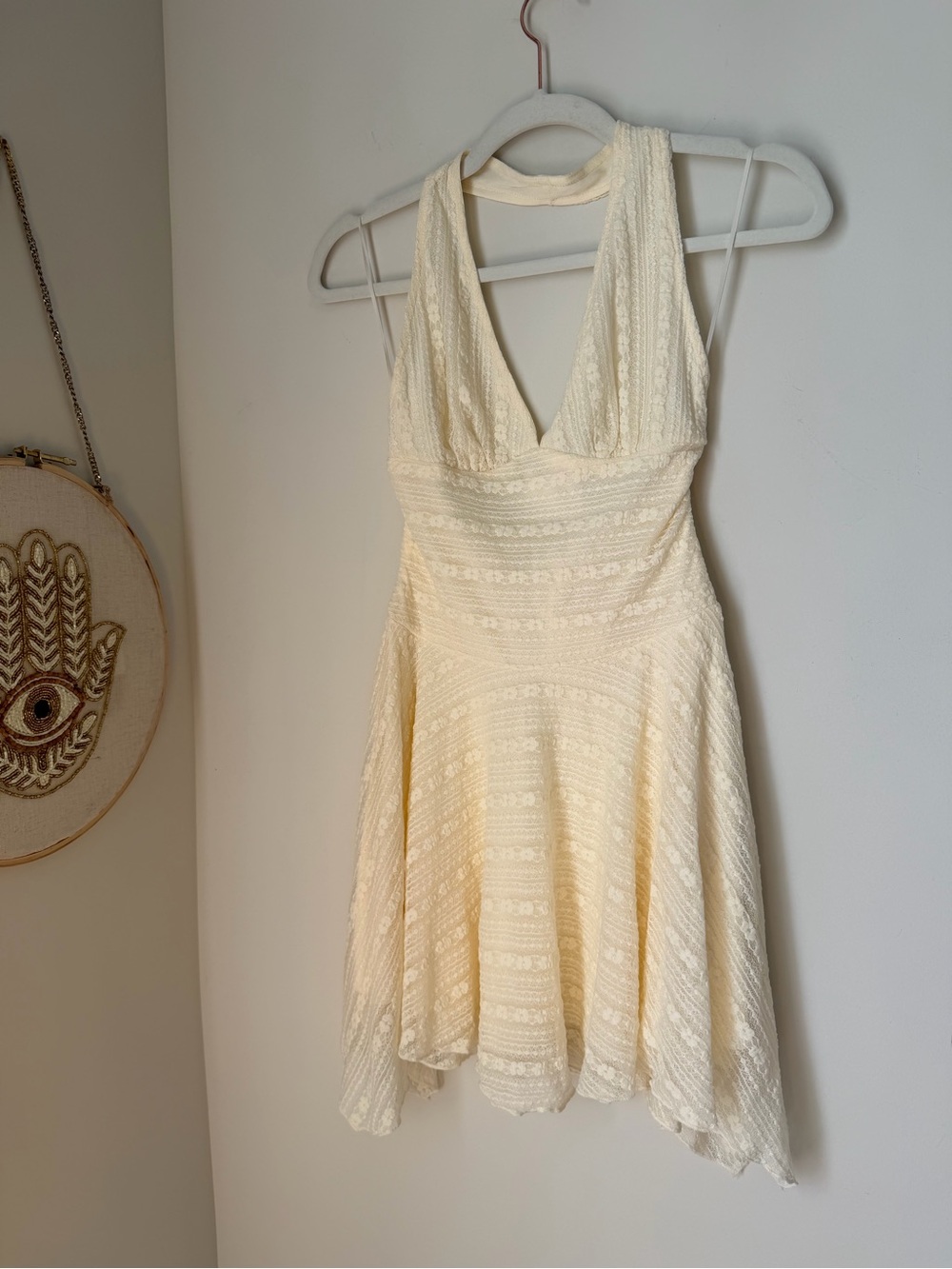 Cream yellow Lace Halter Skater Dress